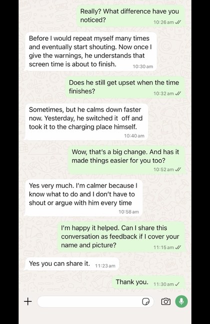 WhatsApp message from a parent sharing how the method helped, shared with permission (name and photo removed)