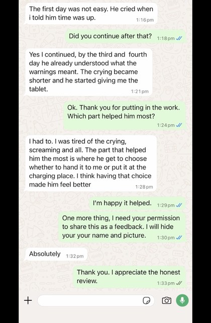 WhatsApp message from a second parent describing how the method improved over the first few days, shared with permission (name and photo removed)